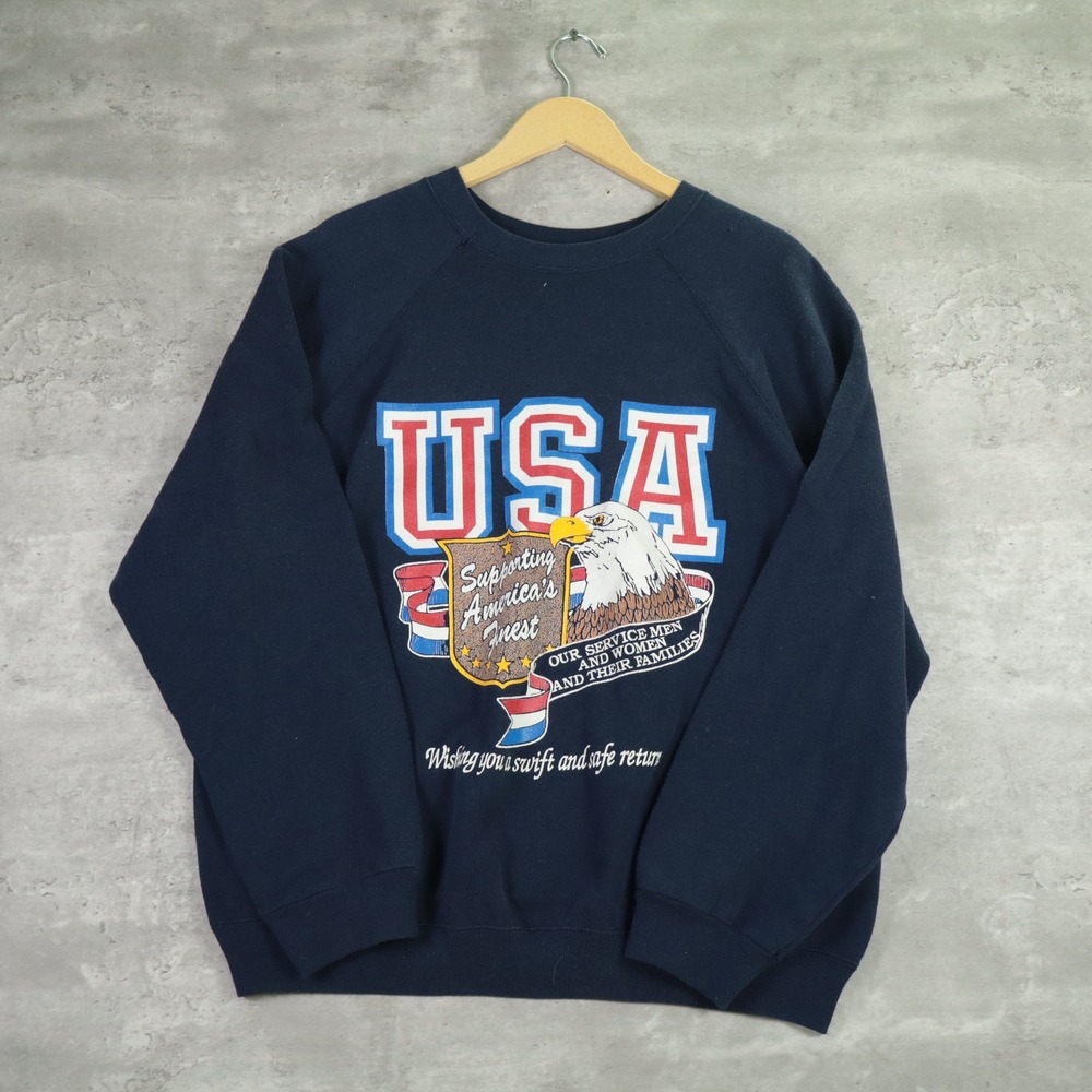 Vintage USA Eagle Graphic Sweatshirt XL Navy Patriotic Military Support 90s